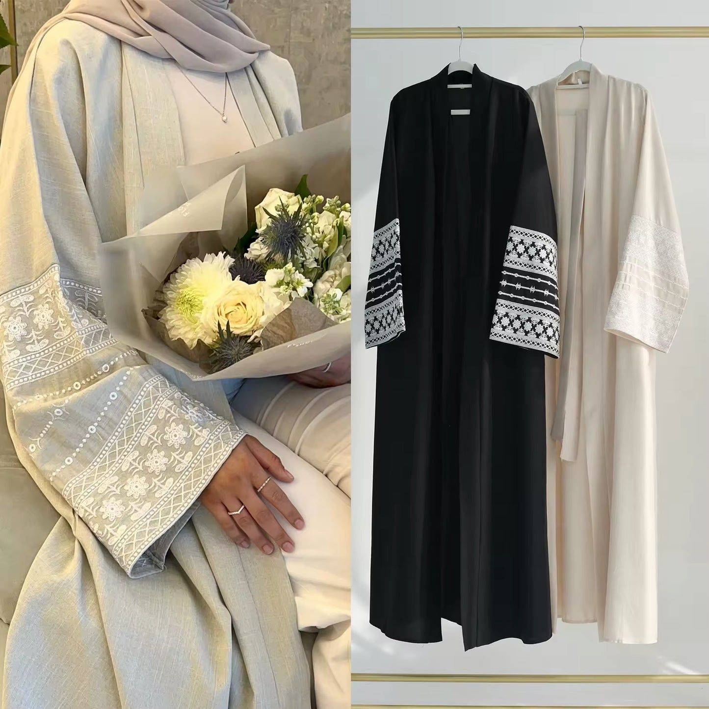 Women Abaya Fashion Embroidery Kimono Oversized Muslim Robe Syari Female Full Length Muslim Outerwear Worship Service Abaya With Belt