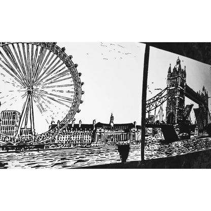 Original New Hand-Drawn London Eye, Tower Bridge Sketch on A4 or A3 Cartridge 130 gsm Paper (NO FRAME) - Limited Edition