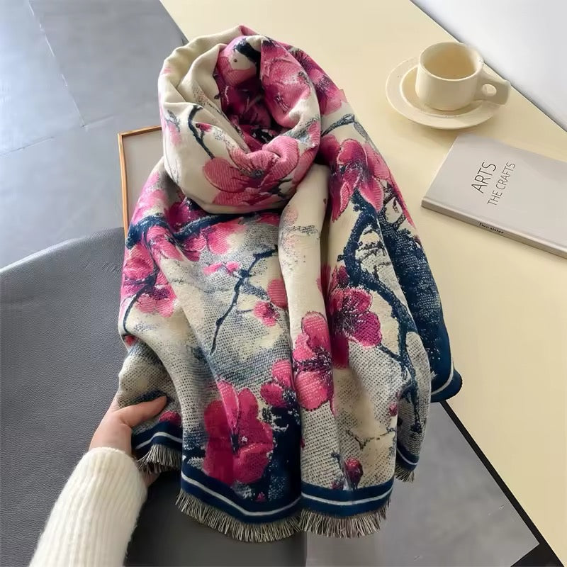 New Luxury Women Floral Double Sided Cashmere Touch Scarf - Warm Fringe Pashmina Shawl Bufanda UK