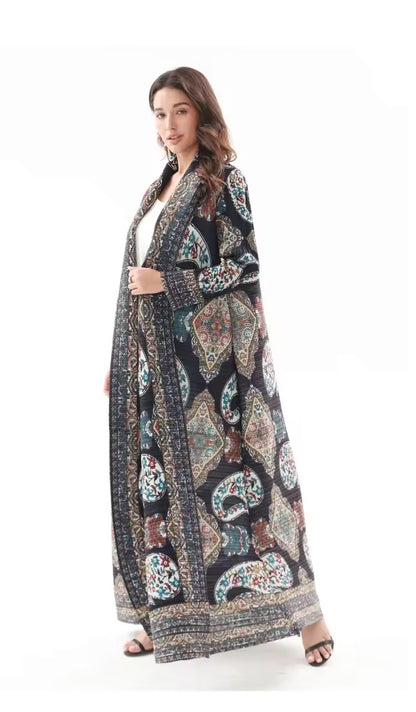 New Women Abaya Vintage Printed Design Lapel Long Sleeved Cardigan Loose Big Collar Tied Arabian Luxury Burqa  UK