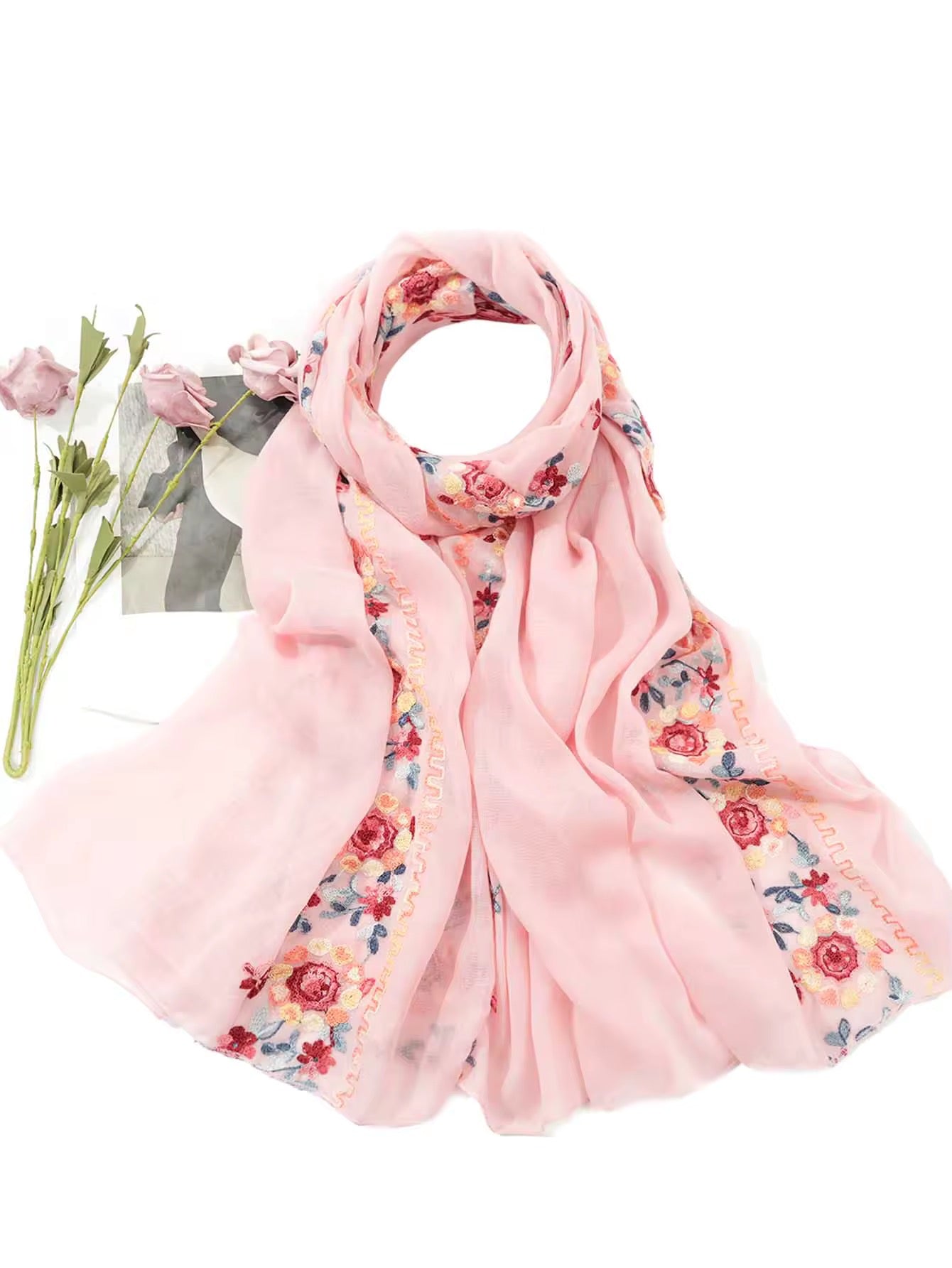 New Women Embroidered Scarf Elegant and Versatile for Women Embroidered Flower Long Summer Sunscreen Scarves Echarpe Shawl Large Wrap UK