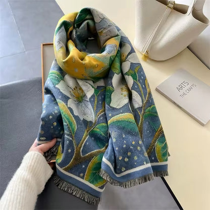 New Luxury Women Floral Double Sided Cashmere Touch Scarf - Warm Fringe Pashmina Shawl Bufanda UK