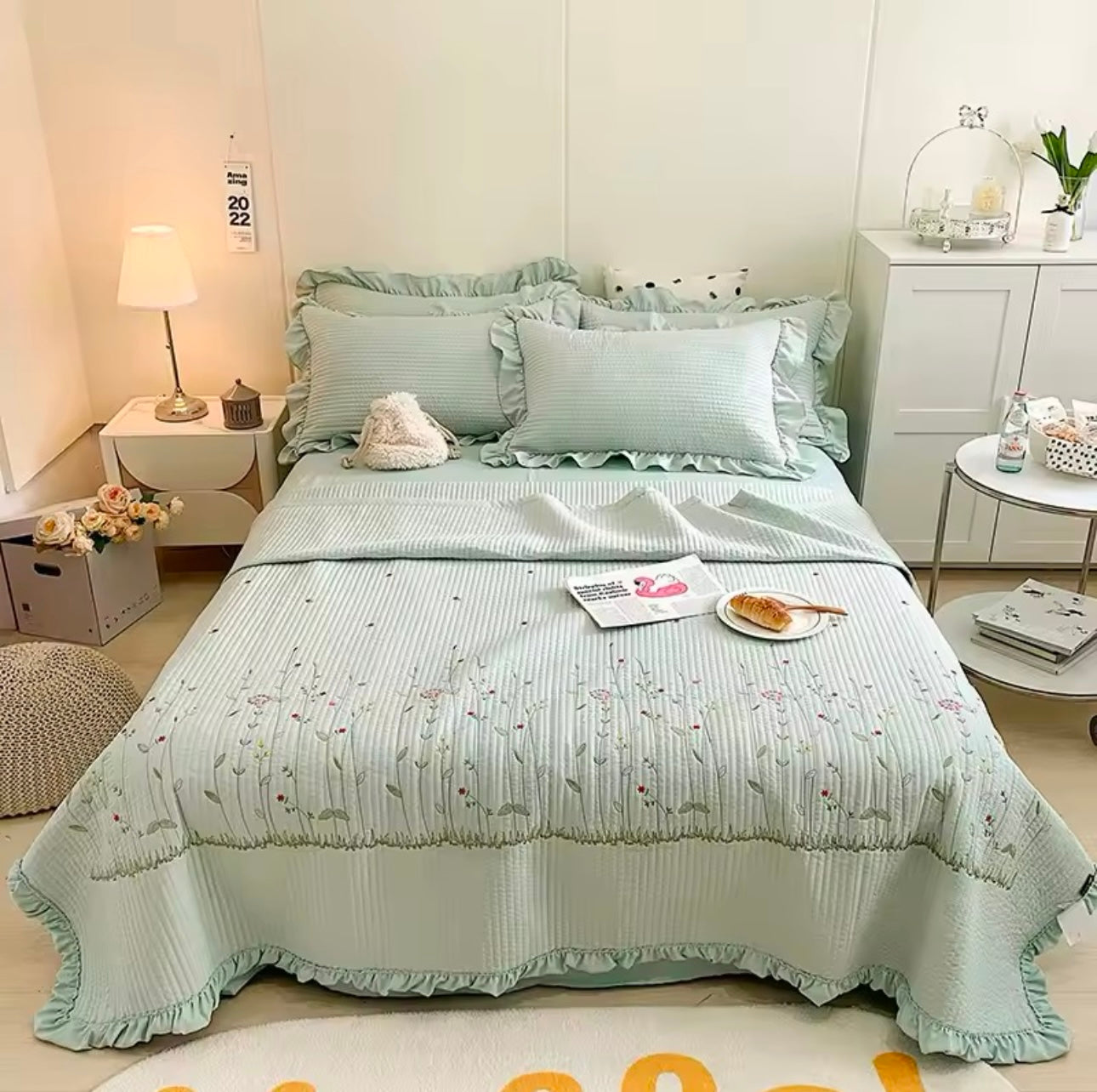 3 pc Korean Princess Ruffles Flowers Embroidery Summer Quilt Bedspread on the bed Quilt Air-conditioning Blanket Bedding Set