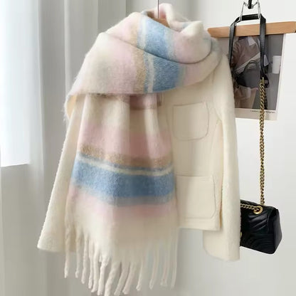 Women's Scarf Winter High-End Autumn Winter New Fashion Versatile Mohair Scarf Thickened Striped Meridian Shawl Women Woollen