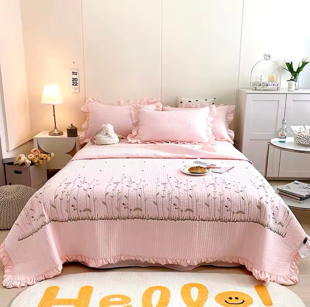 3 pc Korean Princess Ruffles Flowers Embroidery Summer Quilt Bedspread on the bed Quilt Air-conditioning Blanket Bedding Set