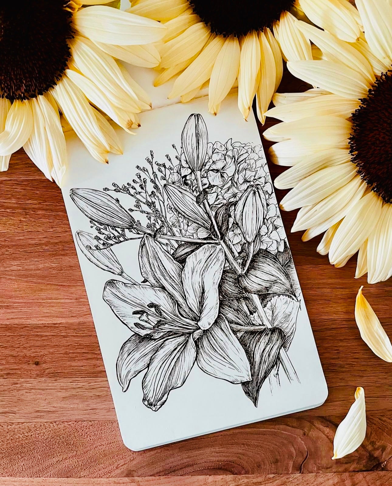 Original Floral Drawing New Blooming Flower Pen Sketch on A4 or A3 Cartridge 130 gsm Paper (NO FRAME) - Limited Edition