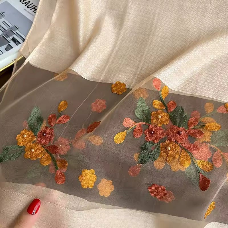 New Women Embroidered Nail Bead Simulation Silk Scarf Elegant and Versatile for Women Embroidered Begonia Flower Long Summer Sunscreen Scarves Echarpe Shawl Large Wrap UK