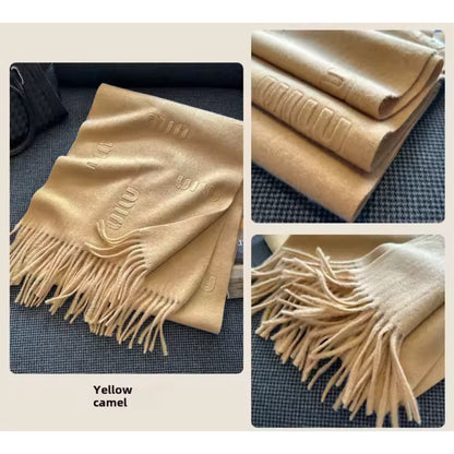 Fashion Design Blend Wool Scarf Women Embossed Simple Warm Muffler Female New Type Imitation Cashmere Thick Fringed Shawl Ladies Women Woollen