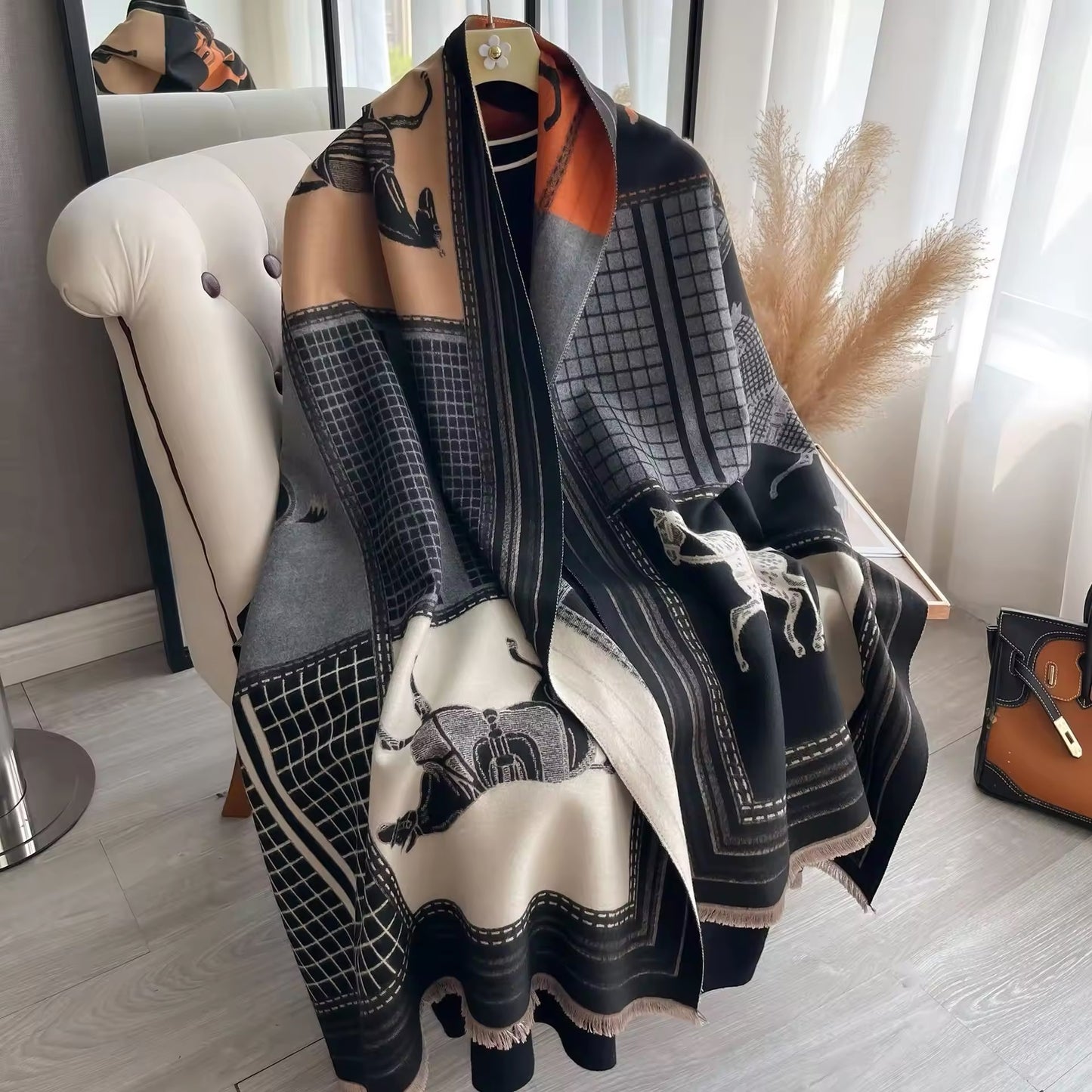 New Luxury Women Limited Edition Horse Design Cashmere Touch Scarf - Warm Fringe Pashmina Shawl Bufanda UK