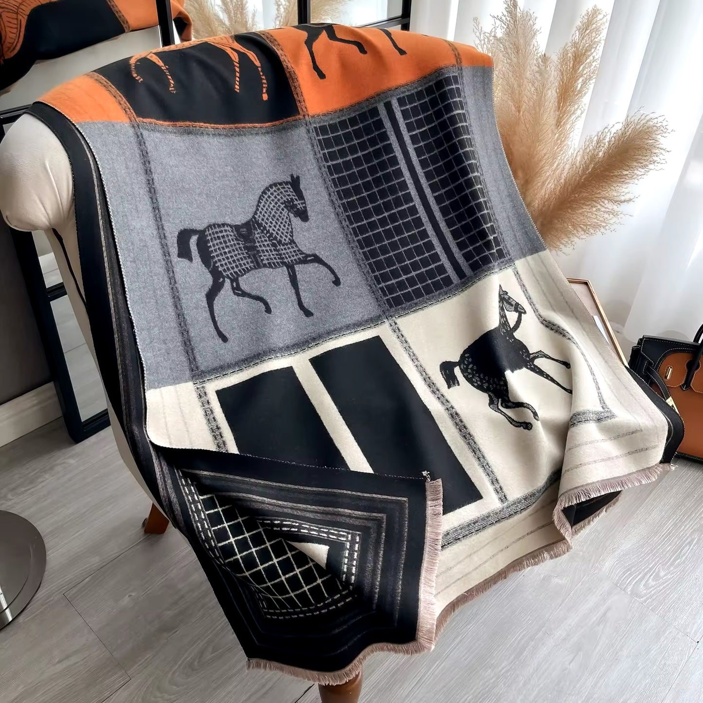 New Luxury Women Limited Edition Horse Design Cashmere Touch Scarf - Warm Fringe Pashmina Shawl Bufanda UK