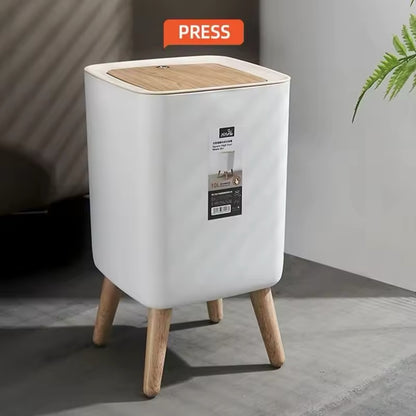 Trash Can with Lid Press Dustbin for Living Room Toilet Bathroom Kitchen Garbage Bucket High Foot Imitation Wood Rubbish Can Home Refined Restroom