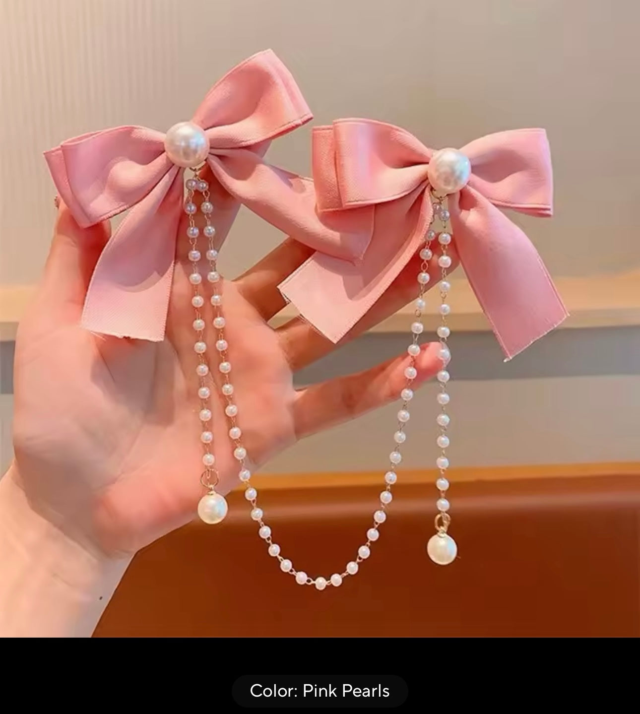 Sweet Princess Style Pink Pearls Chain Bow Hair Clip Women Children's Cute Back Head Hairpins Hair Clips Girls Hair Kids Accessories