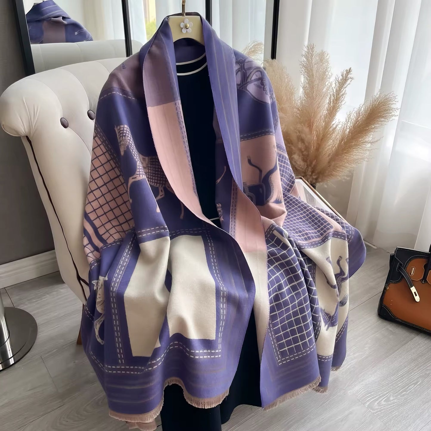 New Luxury Women Limited Edition Horse Design Cashmere Touch Scarf - Warm Fringe Pashmina Shawl Bufanda UK