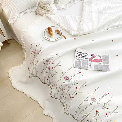 3 pc Korean Princess Ruffles Flowers Embroidery Summer Quilt Bedspread on the bed Quilt Air-conditioning Blanket Bedding Set