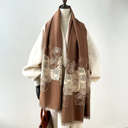 New Luxury Women Floral Cashmere Touch Flower Scarf - Warm Fringe Pashmina Shawl Bufanda UK