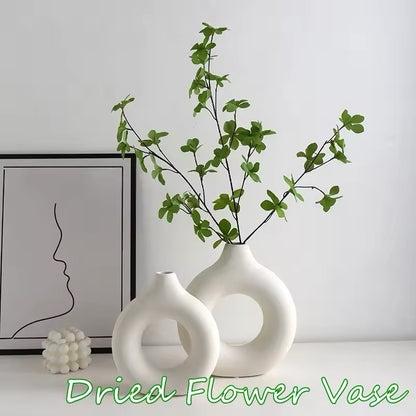 Imitation Ceramic Pure White Vase Decorative Vasen Single Branch Flower Arranging Ornament Donut Design Flowerpot Table Home Decor