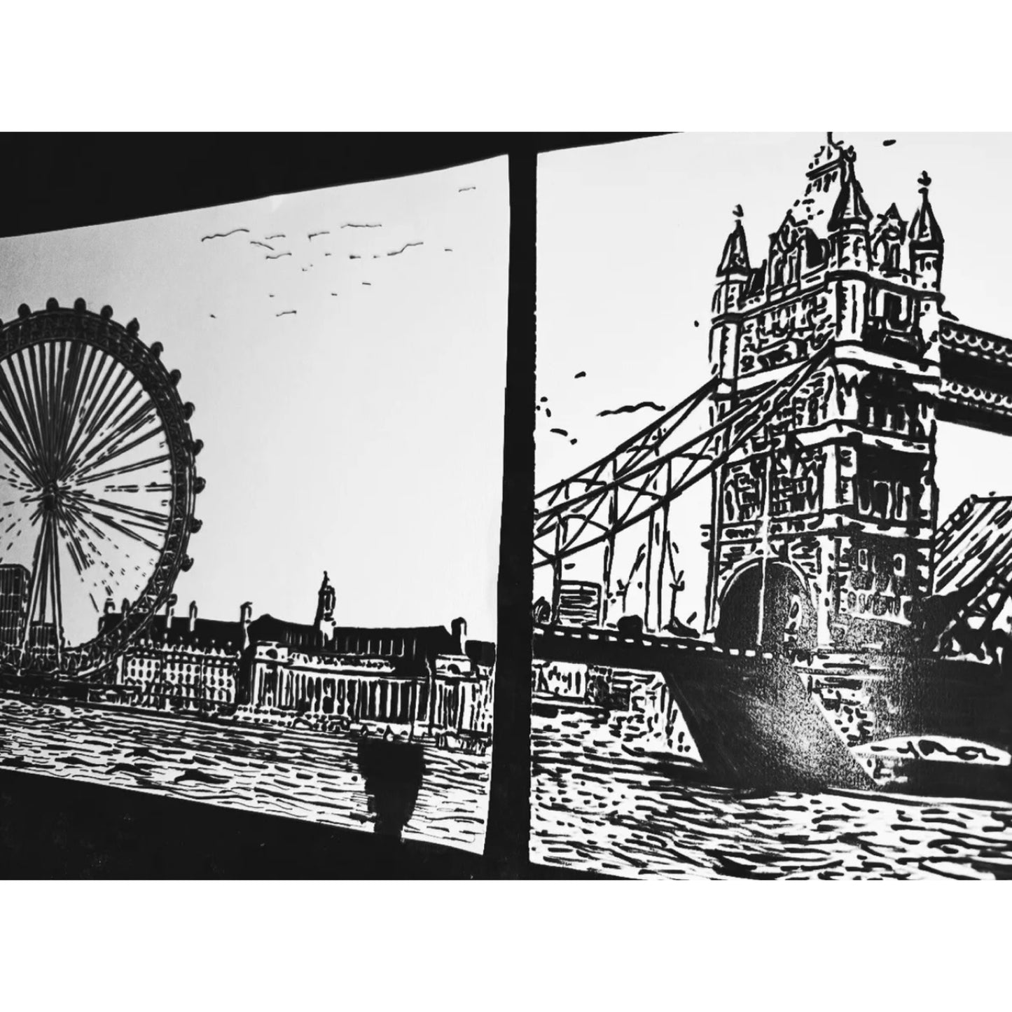 Original New Hand-Drawn London Eye, Tower Bridge Sketch on A4 or A3 Cartridge 130 gsm Paper (NO FRAME) - Limited Edition