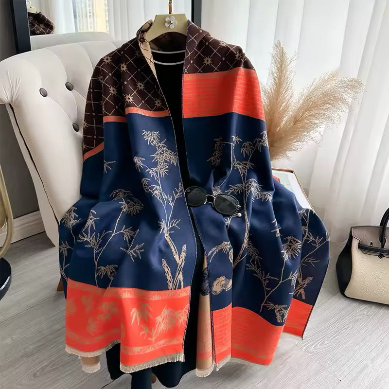 New Luxury Women Floral Cashmere Touch Landscape Scarf - Warm Fringe Pashmina Shawl Bufanda UK