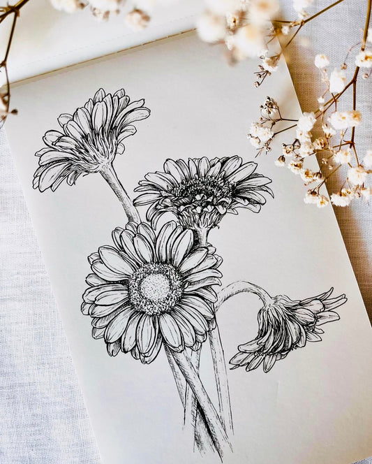 Original Floral Drawing New Blooming Flower Pen Sketch on A4 or A3 Cartridge 130 gsm Paper (NO FRAME) - Limited Edition