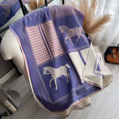 New Luxury Women Limited Edition Horse Design Cashmere Touch Scarf - Warm Fringe Pashmina Shawl Bufanda UK