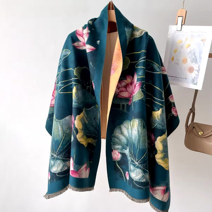 New Luxury Women Floral Double Sided Cashmere Touch Scarf - Warm Fringe Pashmina Shawl Bufanda UK