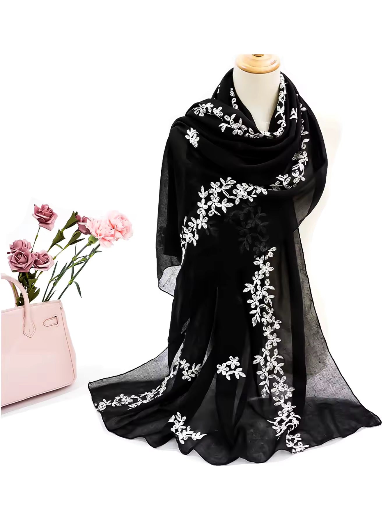 New Women Embroidered Scarf Elegant and Versatile for Women Embroidered Flower Long Summer Sunscreen Scarves Echarpe Shawl Large Wrap UK