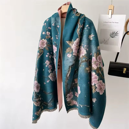 New Luxury Women Floral Double Sided Cashmere Touch Scarf - Warm Fringe Pashmina Shawl Bufanda UK