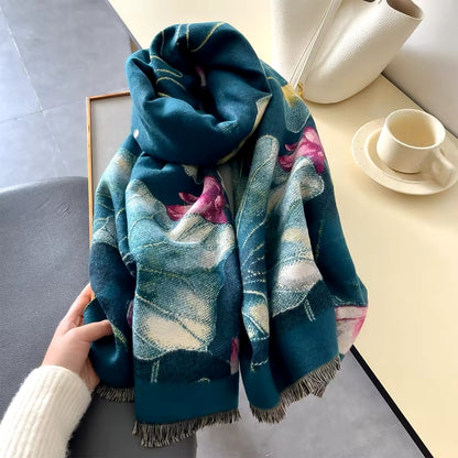 New Luxury Women Floral Double Sided Cashmere Touch Scarf - Warm Fringe Pashmina Shawl Bufanda UK