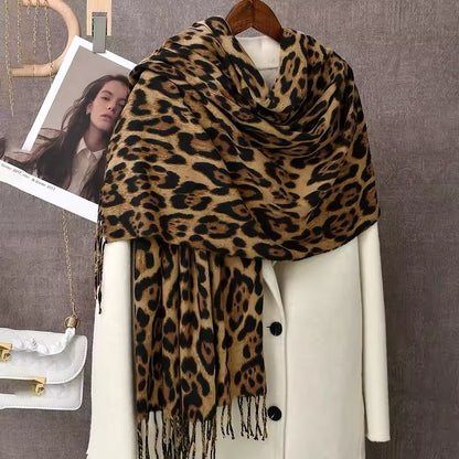 New Leopard Print Scarf Thickened Animal Cheetah Print Warm Cashmere Double Sided Scarves Luxury Pashmina Viscose Wool Fashion Shawl Women Allure UK