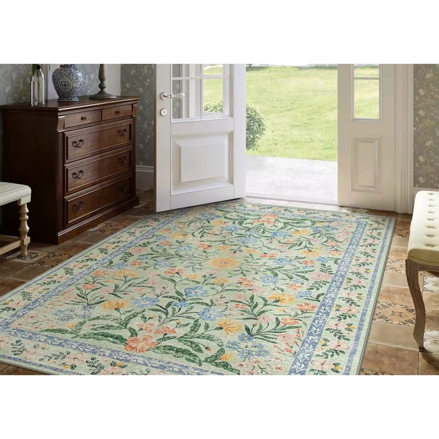 Living Room Carpet Vintage Machine Washable Floral Non-slip Bedroom Bedside Mat Soft Coffee Table Foldable Plush Rug Alfombra Home Beddings