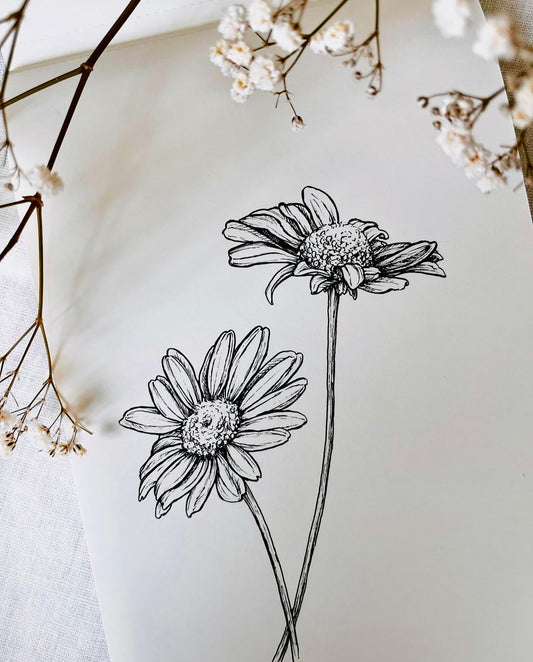 Original Floral Drawing New Blooming Flower Pen Sketch on A4 or A3 Cartridge 130 gsm Paper (NO FRAME) - Limited Edition