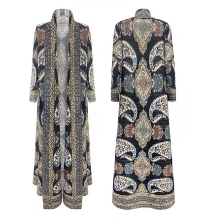 New Women Abaya Vintage Printed Design Lapel Long Sleeved Cardigan Loose Big Collar Tied Arabian Luxury Burqa  UK