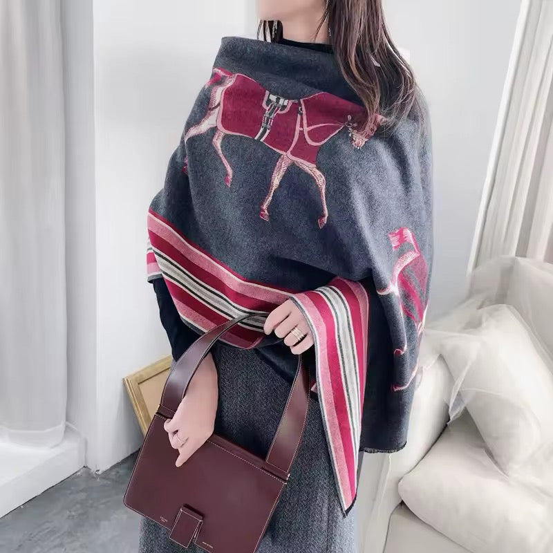 New Luxury Women Limited Edition Horse Design Cashmere Touch Scarf - Warm Fringe Pashmina Shawl Bufanda UK