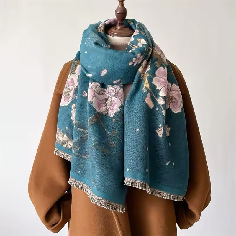 New Luxury Women Floral Double Sided Cashmere Touch Scarf - Warm Fringe Pashmina Shawl Bufanda UK