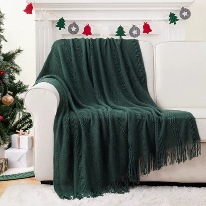 Battilo Christmas Plaid Throw Blanket for Bed Knit Throws With Tassel Sofa Blankets Green Lightweight Knitted Blanket Home Beddings