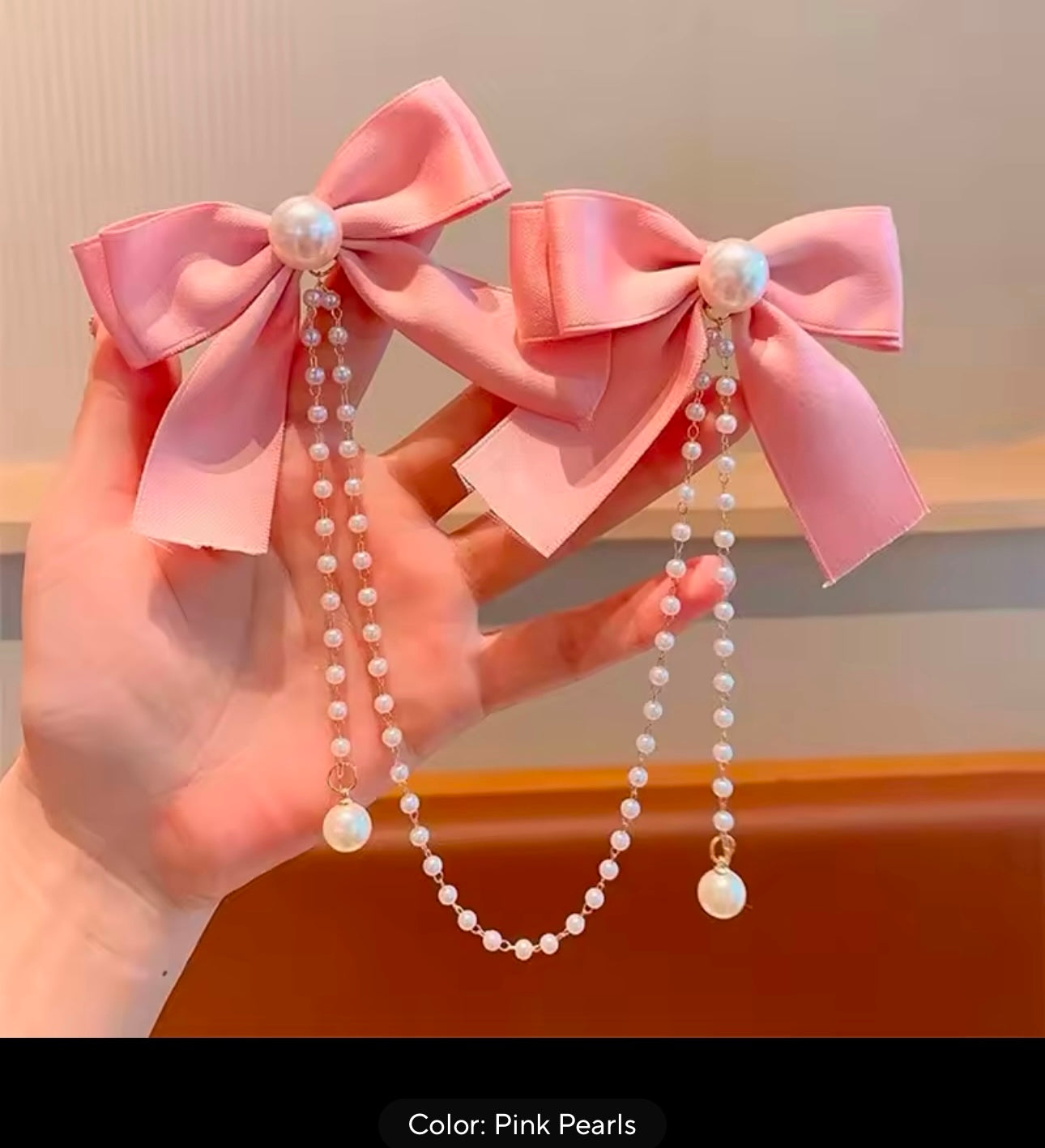 Sweet Princess Style Pink Pearls Chain Bow Hair Clip Women Children's Cute Back Head Hairpins Hair Clips Girls Hair Kids Accessories