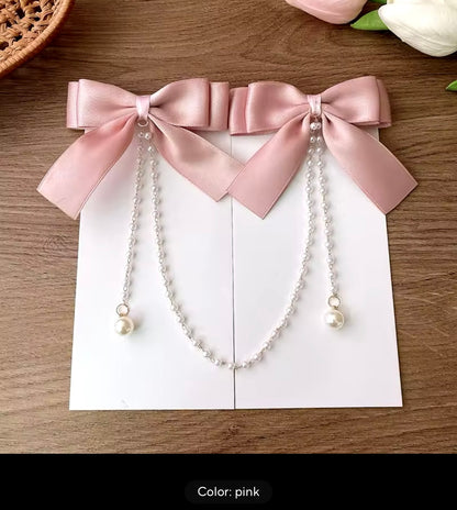 Sweet Princess Style Pink Pearls Chain Bow Hair Clip Women Children's Cute Back Head Hairpins Hair Clips Girls Hair Kids Accessories