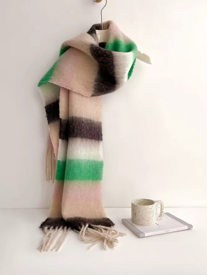 Cashmere Autumn Winter Plaid Scarf Women Luxury Accessories Warmth Polychrome Tassels Pashmina Scarf Furry Mohair Shawl Women Woollen