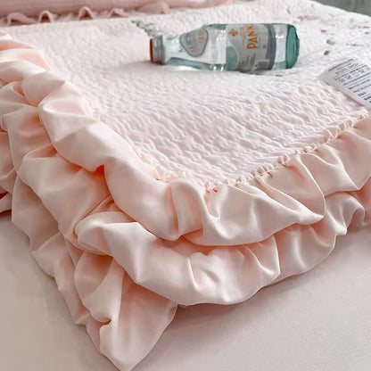 3 pc Korean Princess Ruffles Flowers Embroidery Summer Quilt Bedspread on the bed Quilt Air-conditioning Blanket Bedding Set