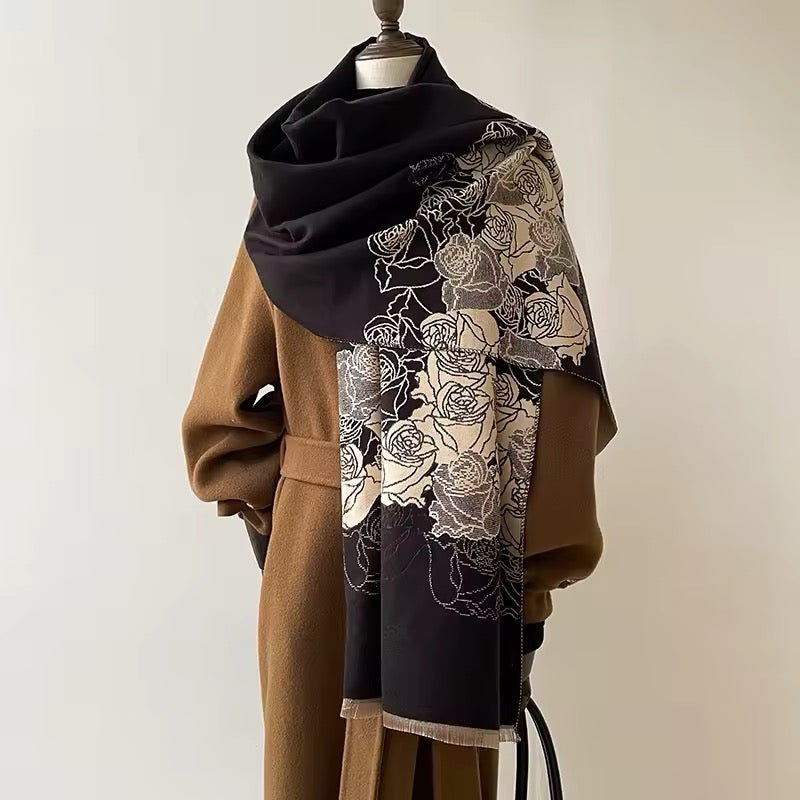 New Luxury Women Floral Cashmere Touch Flower Scarf - Warm Fringe Pashmina Shawl Bufanda UK