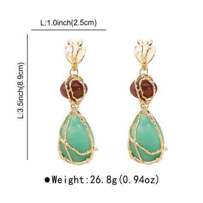 Women Fashion Handmade Weave Metal String Bag Green Natural Stone Dangle Earrings White Resin Waterdrop Earring Gothic Jewellery Accessory