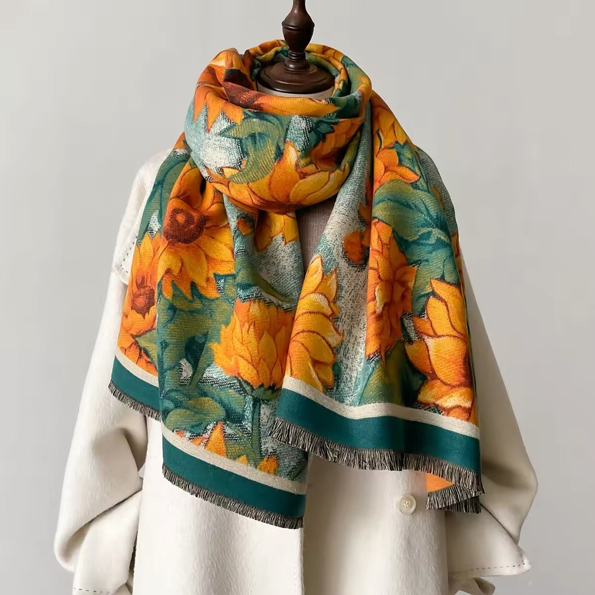 New Luxury Women Floral Double Sided Cashmere Touch Scarf - Warm Fringe Pashmina Shawl Bufanda UK