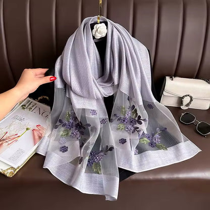 New Women Embroidered Nail Bead Simulation Silk Scarf Elegant and Versatile for Women Embroidered Begonia Flower Long Summer Sunscreen Scarves Echarpe Shawl Large Wrap UK